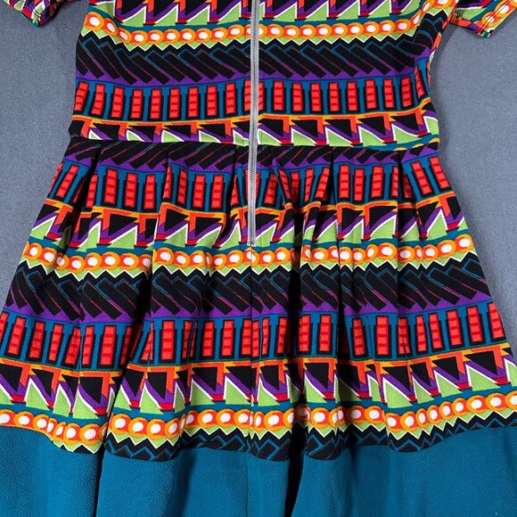 Lularoe Womens L Amelia SS Scoop Neck Back Zip Pleated Teal Geometric Dress - Picture 10 of 11